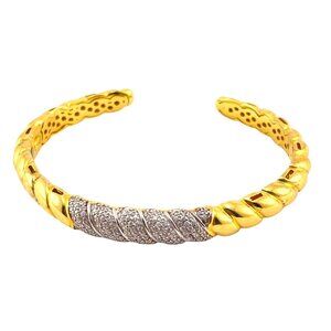 Gold Vermeil 925 Silver Twisted Cuff Bracelet With Diamond Accents Made In Italy